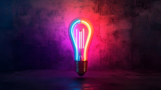 Illuminating neon light bulb art studio setting digital artwork modern environment close-up view creative concept