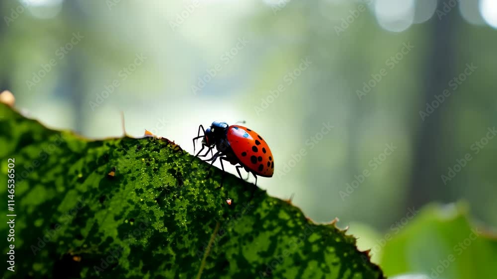 Poster ladybug explores a vibrant green leaf in a sunlit forest during springtime