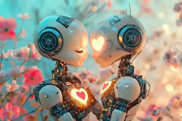 Fototapeta premium Robots in a field of flowers: a romantic scene with mechanical bodies and heart designs