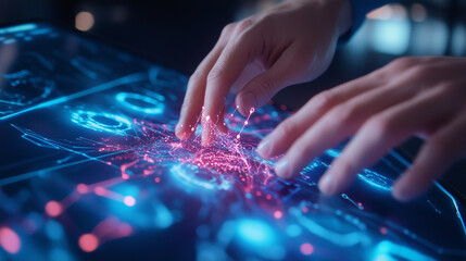 A close-up of hands manipulating an interactive digital screen filled with AI-generated graphs and data insights. This futuristic interface represents the growing impact of artific