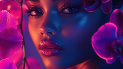 Fototapeta premium woman's face with orchids in neon lighting