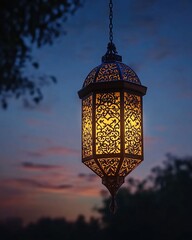 Illuminated Moroccan lantern hanging at sunset, intricate design, warm light, peaceful evening ambiance.