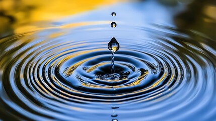 Perfect water drop causing concentric circular ripples expanding evenly