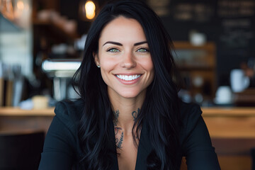 Portrait of a joyful and confident business professional in a modern cafe setting with warm lighting and inviting atmosphere