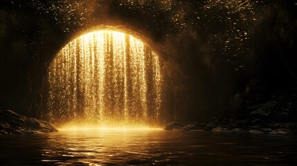 Enchanting waterfall flowing through cave hidden oasis digital art mystical environment dramatic perspective nature's wonder