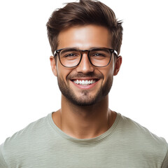Fototapeta premium Close-up portrait of a handsome young man smiling and wearing glasses on transparent background PNG 