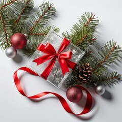 christmas gift with red ribbon and balls