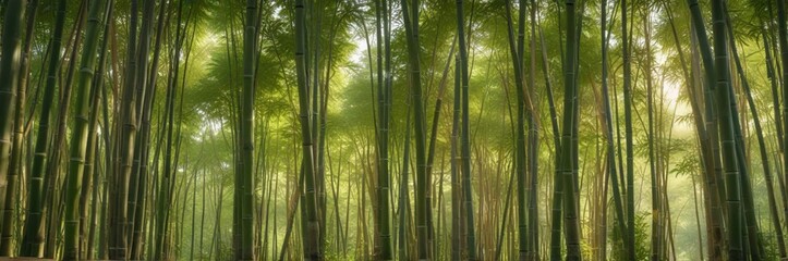 Fototapeta premium Bamboo grove in Pista green color palette, sunlight filtering through the canopy with a warm glow, nature background, warm tones, canopy