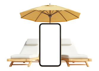 Smartphone mockup with sunbeds and beach umbrella, isolated on transparent cutout background
