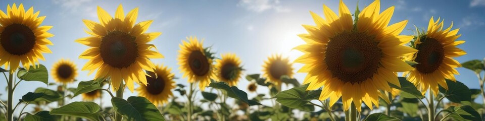 Obraz premium Beautiful sunflower blooms against a clear blue sky with gentle morning light, flowers in bloom, nature, outdoor