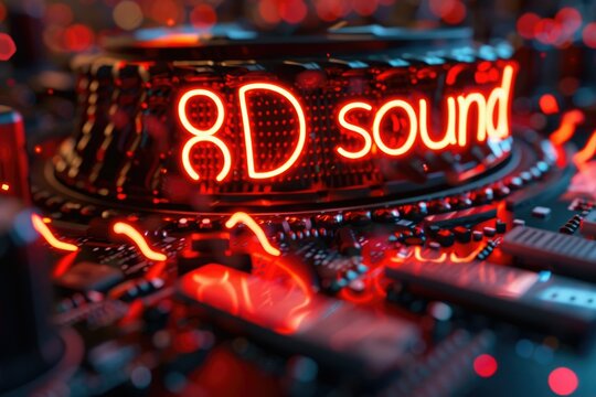 Close-up of a music speaker with neon text 8D SOUND. Concept of new technology in music sound.