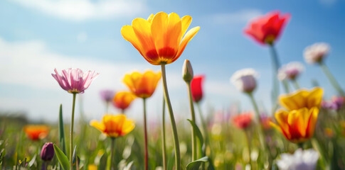 Fototapeta premium Coloridas flores silvestres en el prado, cielo azul de fondo, lente gran angular, día brillante y soleado, césped verde, colores vibrantes