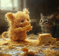 Spaghetti Mouse Eating Cheese Next to a Watching Cat, AI generated illustration.