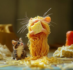 Spaghetti Mouse Eating Cheese Next to a Watching Cat, AI generated illustration.
