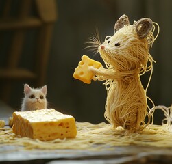 Spaghetti Mouse Eating Cheese Next to a Watching Cat, AI generated illustration.