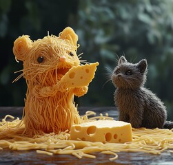 Spaghetti Mouse Eating Cheese Next to a Watching Cat, AI generated illustration.