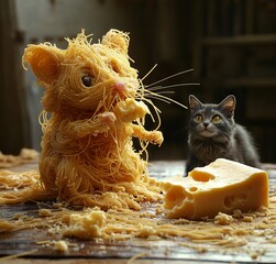 Spaghetti Mouse Eating Cheese Next to a Watching Cat, AI generated illustration.
