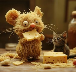 Spaghetti Mouse Eating Cheese Next to a Watching Cat, AI generated illustration.