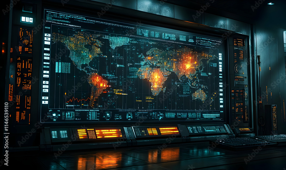  a high-tech control room displaying a world map with data visualizations and analytics.