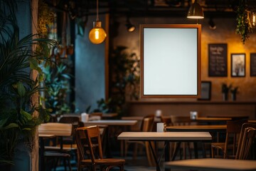 A cozy restaurant interior featuring empty tables and a blank frame for decoration.