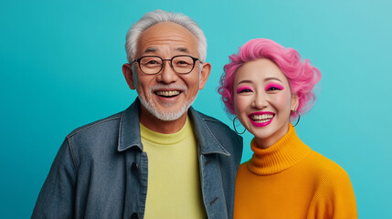 Cheerful Asian senior man in glasses and jacket with gray hair standing near pink haired woman with bright makeup against turquoise background looking at camera.