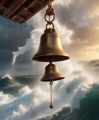 Fototapeta premium Bronze ship bell suspended in mid-air above a massive ocean wave , waves, water droplets