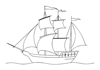 Minimalist Continuous Line Art of a Vintage Pirate Ship with Tall Masts and Sails in a Nautical Adventure Style