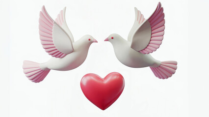 Naklejka premium Two white doves with pink wings facing a red heart symbolizing love and connection on a white background