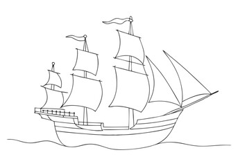 Minimalist Continuous Line Art of a Vintage Pirate Ship with Tall Masts and Sails in a Nautical Adventure Style