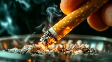 Burning cigarette close-up with glowing embers and curling smoke as a visual representation for anti-smoking campaigns and health awareness