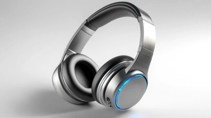 Over-ear wireless headphones in sleek silver with bright blue LED highlights, creating a premium look, isolated on white