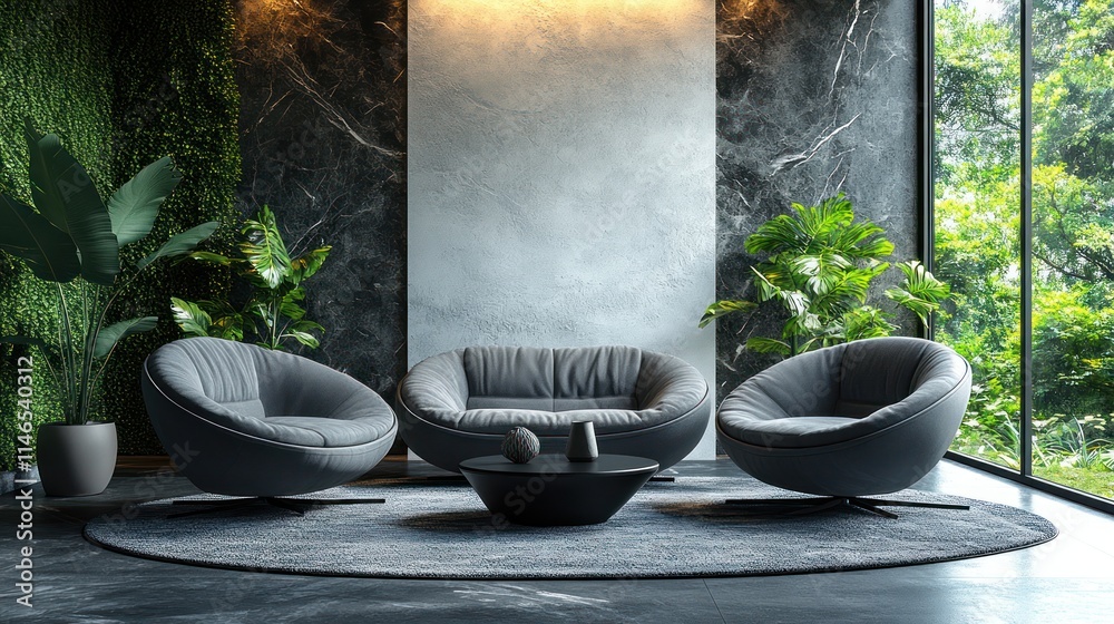 Poster modern lounge area with stylish chairs and greenery, creating a relaxing ambiance.