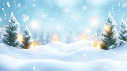 Enchanting White Glitter Texture in a Dreamy Christmas Landscape with Snow-covered Trees and Warm Lantern Lights