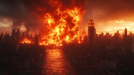 Obraz premium City engulfed in Flames: A dramatic and intense image of a city skyline engulfed in flames, casting an ominous glow against the backdrop of a fiery sunset. The scene evokes a sense of chaos.
