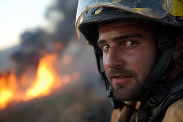 A close-up of a focused firefighter in a helmet, sweat on his brow, capturing the essence of bravery while confronting fierce wildfire flames in the background.