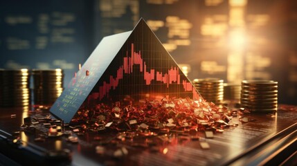A pyramid made of red and black lines sits on a table with a pile of gold coins