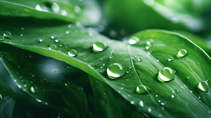 Naklejka premium Lush green leaves glistening with water droplets, showcasing nature beauty and freshness. vibrant colors and textures create serene and refreshing atmosphere