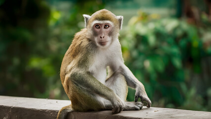 Naklejka premium Japanese macaque sitting on a bench in the mountain 
