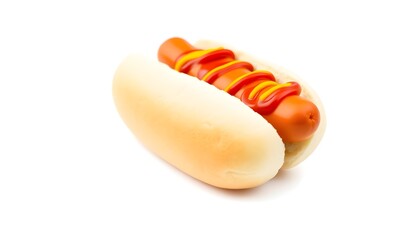 A mouthwatering hot dog served on a soft bun, topped with vibrant streaks of ketchup and mustard, creating a classic and appetizing snack. The simple yet iconic presentation emphasizes its delicious a