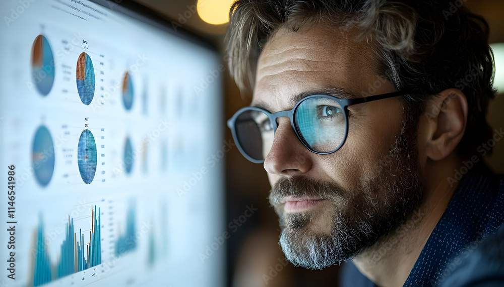 Poster a focused individual analyzing data on a computer screen filled with graphs and charts.