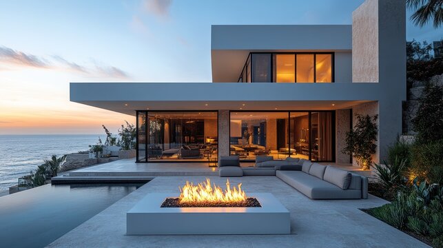 Modern cliffside house with infinity pool, fire pit, and sunset ocean view.