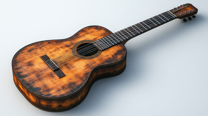 Weathered acoustic guitar on white background.