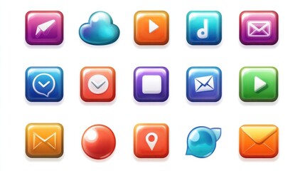 A collection of vibrant glossy icons for communication, including phones, messages, and email symbols, isolated on a white background