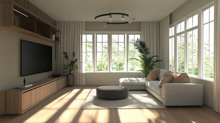 Fototapeta premium modern living room with large windows and wooden features