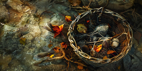 Wicker Basket with Stones and Autumn Leaves on Rocky Surface
