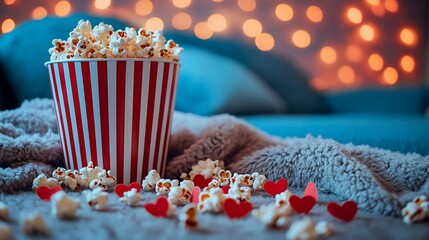 Cozy movie night with popcorn and hearts.