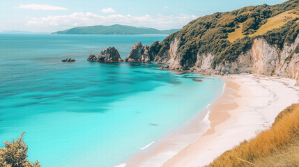 Fototapeta premium Tranquil beach with turquoise waters, white sand, and lush greenery. This serene coastal landscape invites relaxation and exploration, showcasing nature beauty