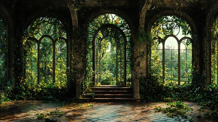 Obraz premium Overgrown ruins with arched windows and overgrown foliage.