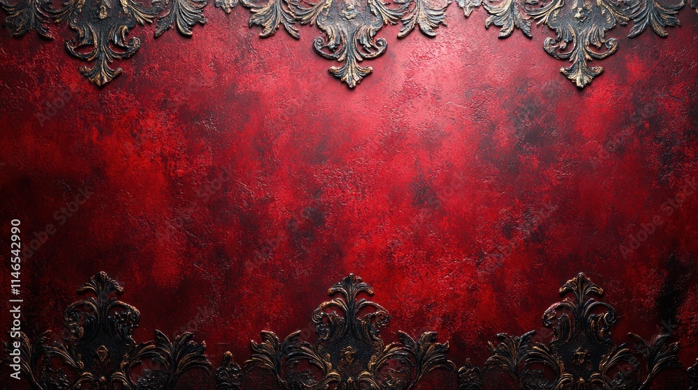 Poster ornate red and black textured background with decorative elements.