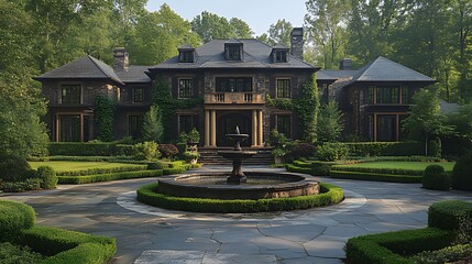 Grand stone mansion with fountain and manicured landscaping.